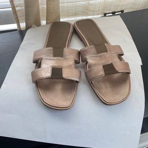 Hermes Gold and Brown Mules with H-Pattern Design